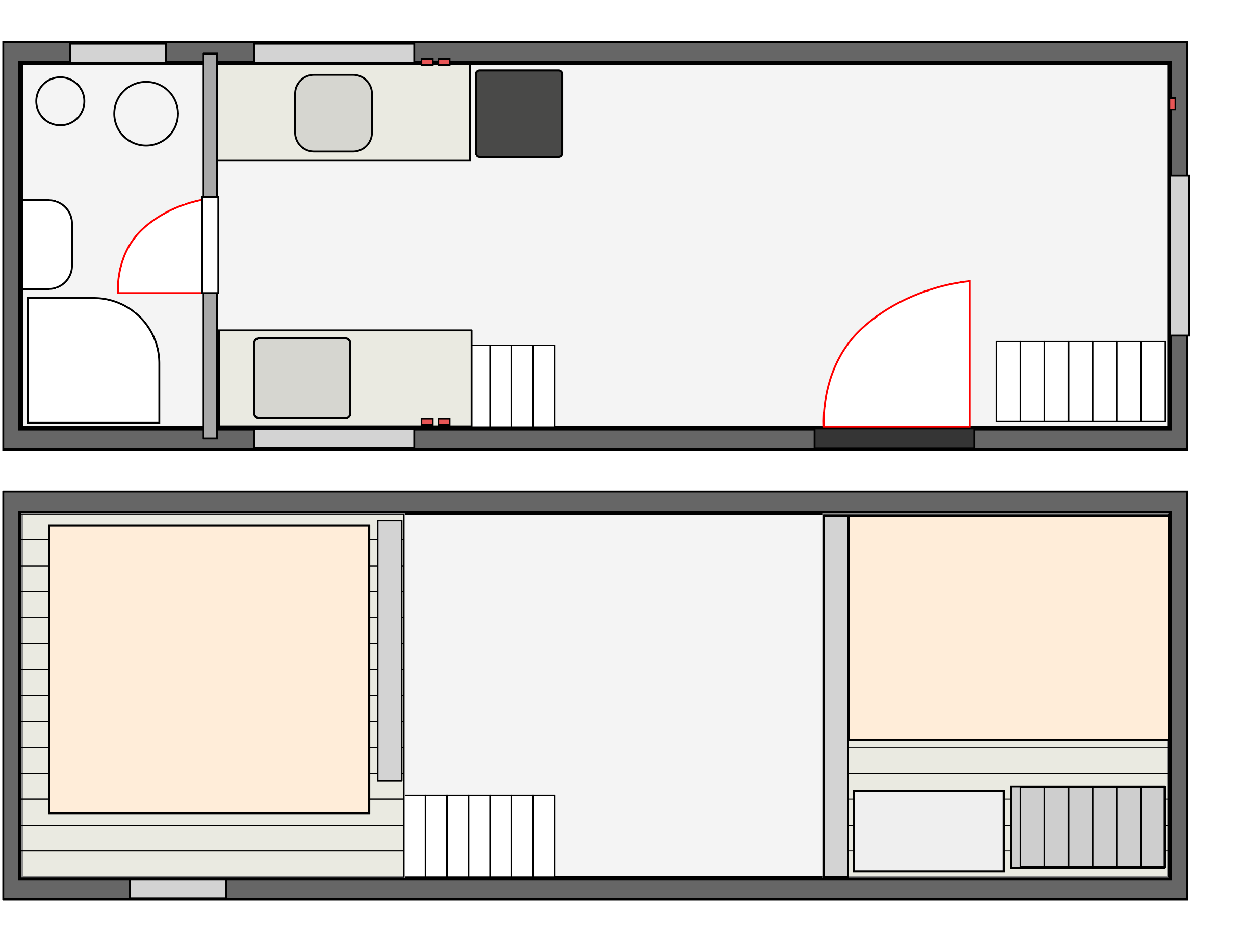 Technický nákres — dispozice tiny house (přízemí a patra)